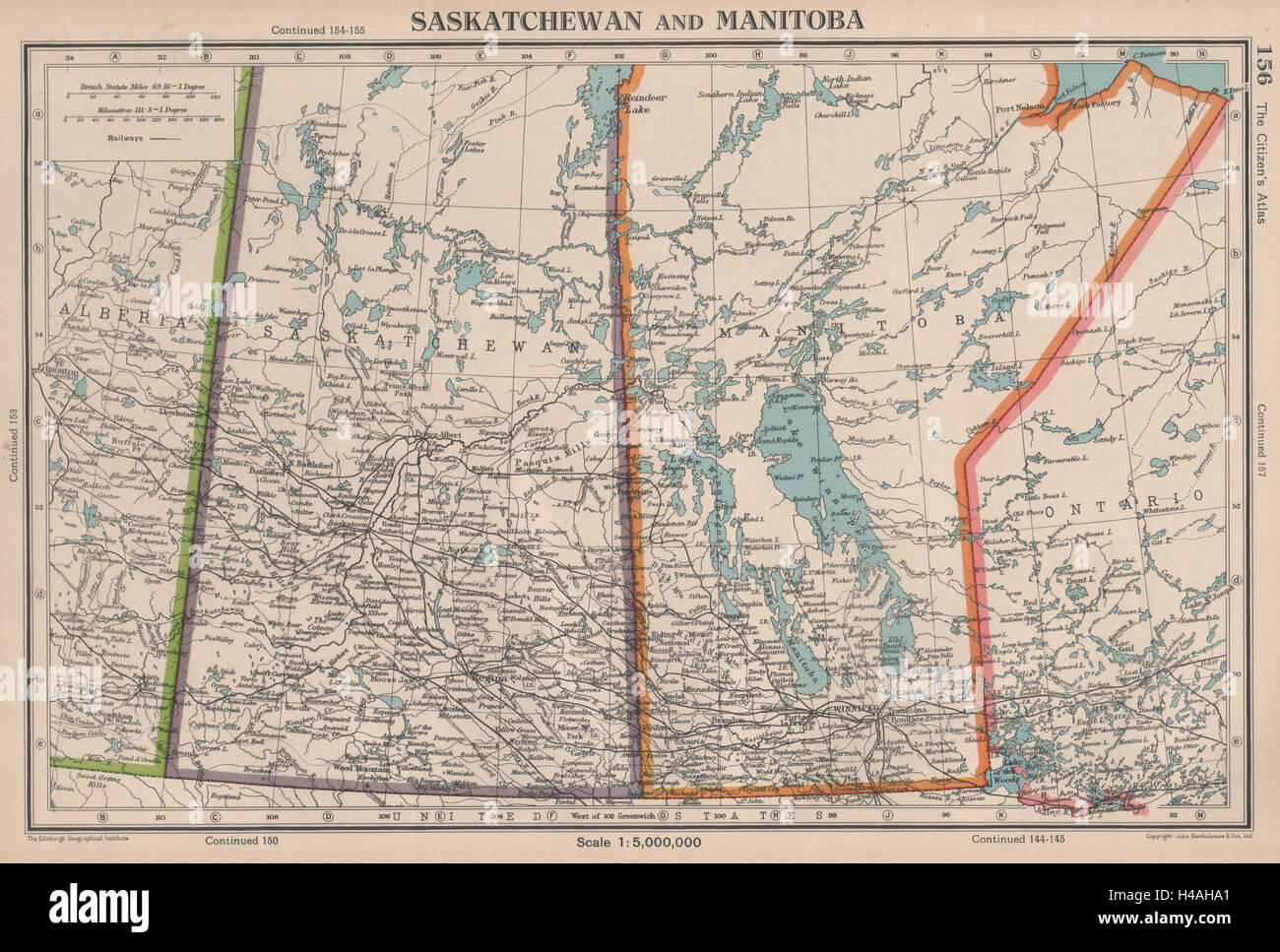 SASKATCHEWAN E MANITOBA. province. In Canada. Le ferrovie. Bartolomeo 1944 mappa vecchia Foto Stock
