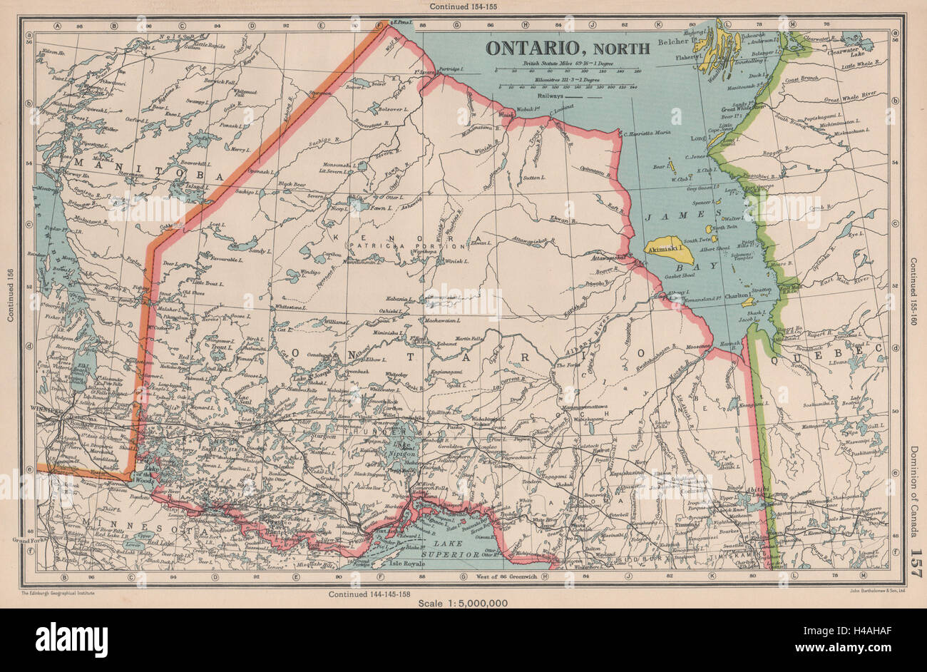 ONTARIO NORD. Le ferrovie. James Bay. In Canada. Bartolomeo 1944 old vintage map Foto Stock
