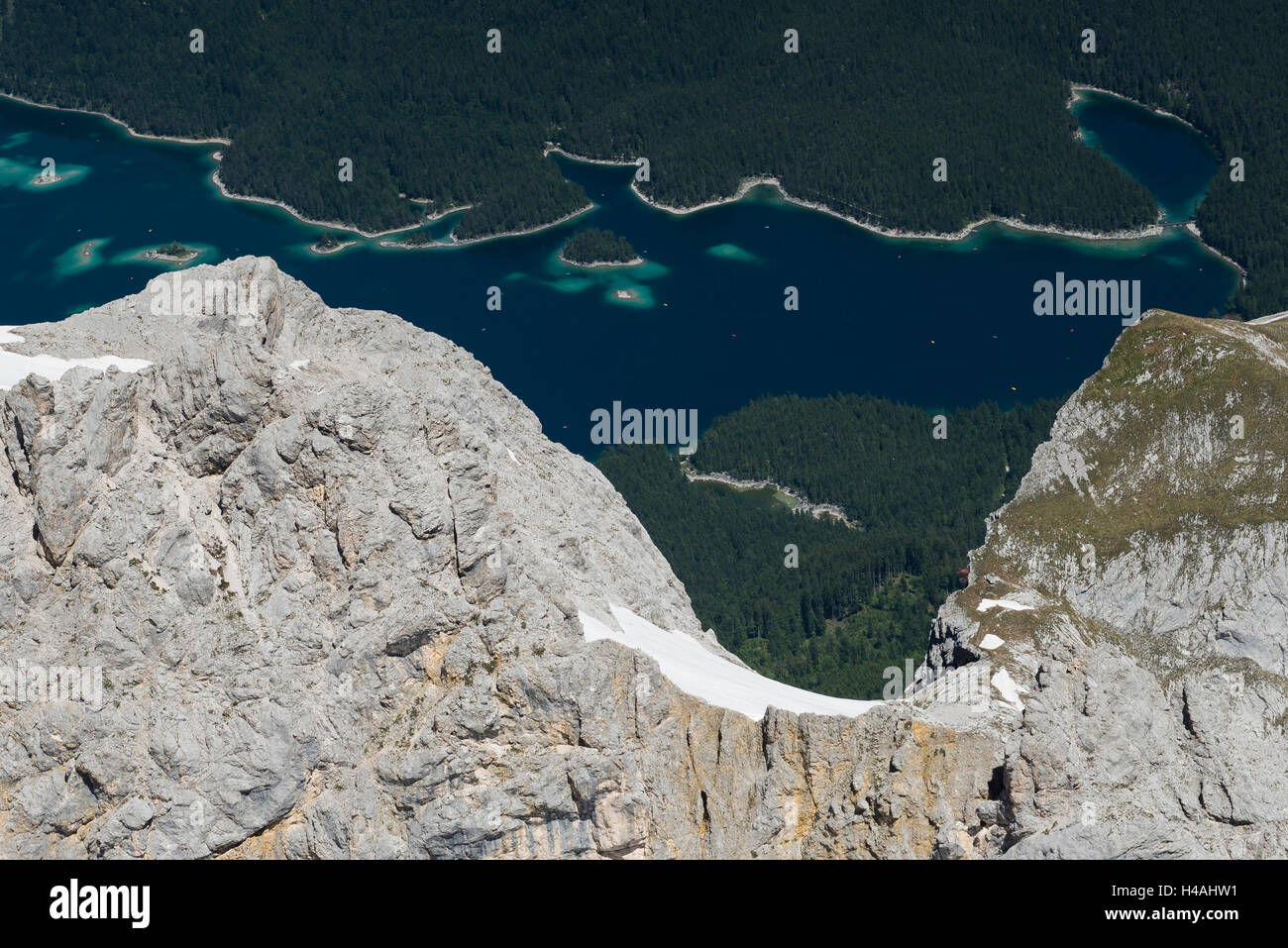 Lago Eibsee, Waxenstein, Grainau, resort, regione turistica, fotografia aerea, in Germania, in Baviera, Baviera, Alpi Bavaresi, Werdenfelser Land, Garmisch-Partenkirchen Foto Stock
