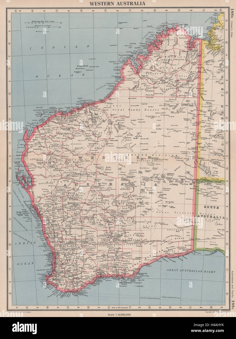 AUSTRALIA occidentale che mostra i distretti di terra & goldfields. Bartolomeo 1944 mappa Foto Stock