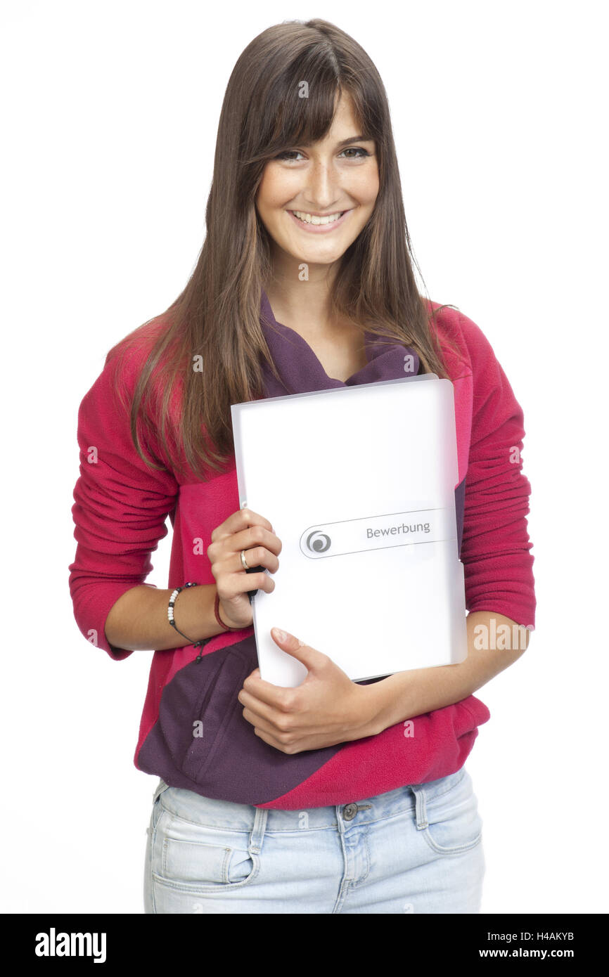 Giovane donna con applicazione valigetta, Foto Stock