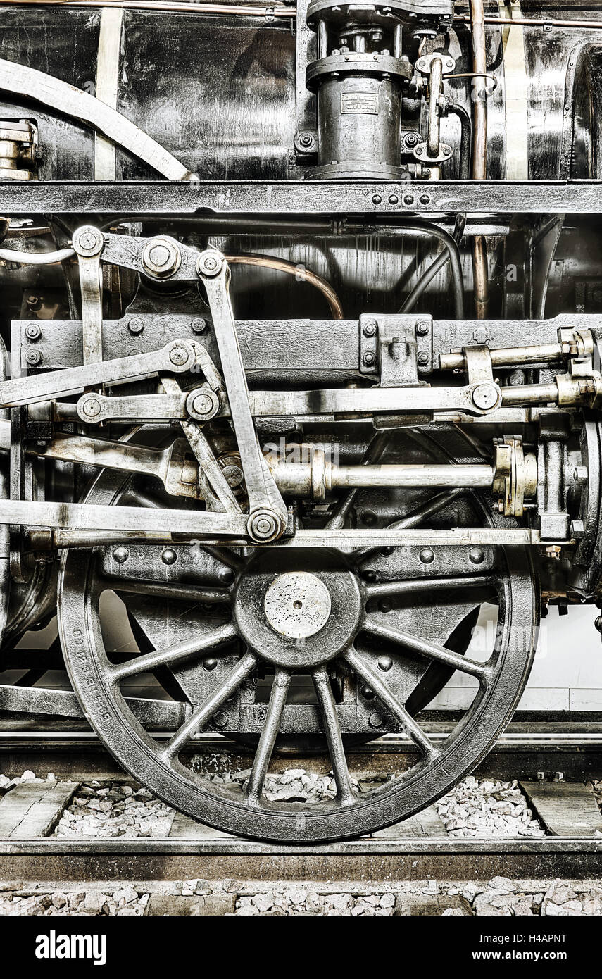 Vecchia locomotiva a vapore, ruota, bar, rampa alienati, filtro digitale, Foto Stock