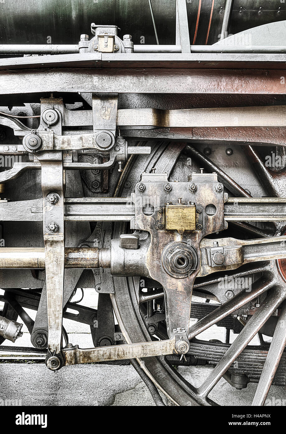 Vecchia locomotiva a vapore, radianti, bastoncini, leve, viti, rende sconosciuti, filtro digitale, Foto Stock