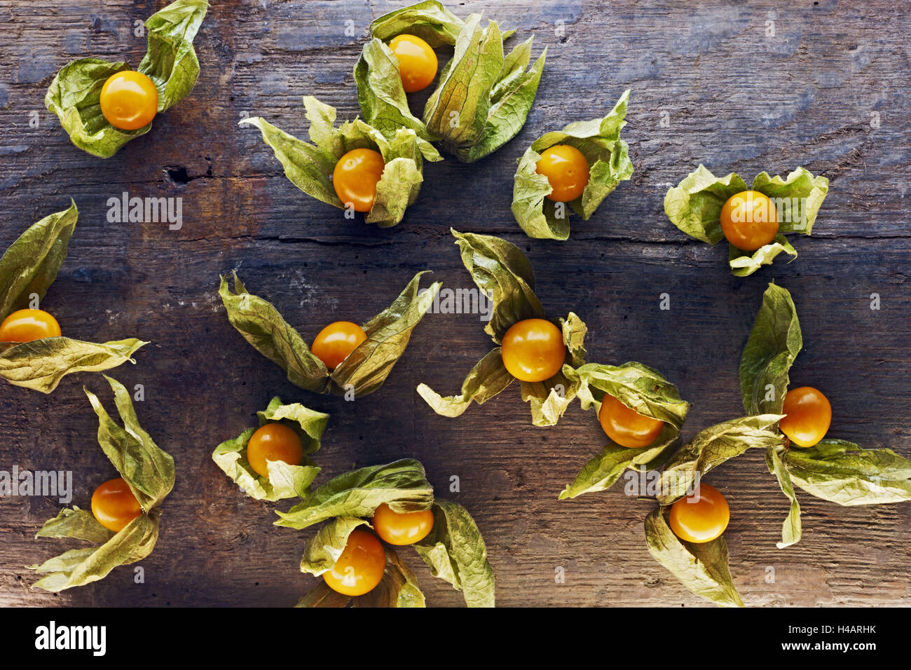 Ribes del capo, Physalis, legno, cartone, marrone, arancione Foto Stock