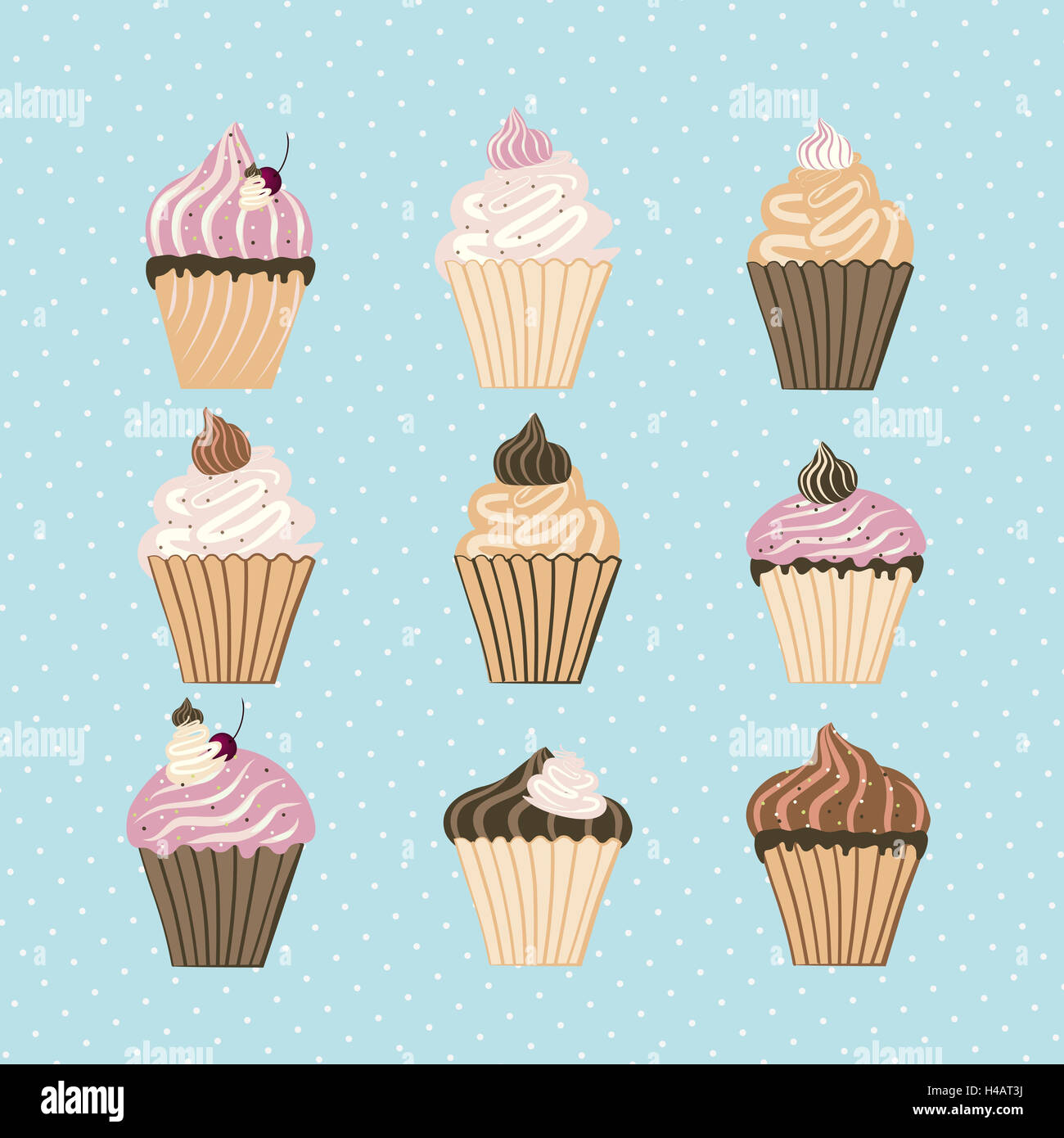 Illustrazione, muffin, diversamente, schierati, icona, la Festa della Mamma i saluti, saluto ambasciata, biglietto di auguri, auguri, auguri, canapes, tortina, torta, nove, muffin, tortine, serie diverse, affiancate tra loro, attorno ad uno un altro, quadrato, array, STI Foto Stock