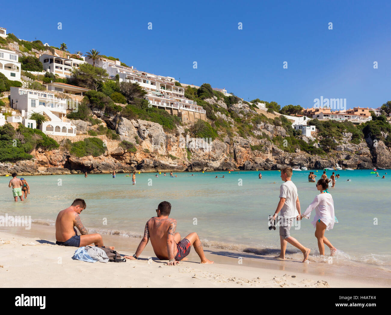 Spiaggia, Cala en Porter, costa sud dell'isola Menorca, isole Baleari, Spagna Foto Stock