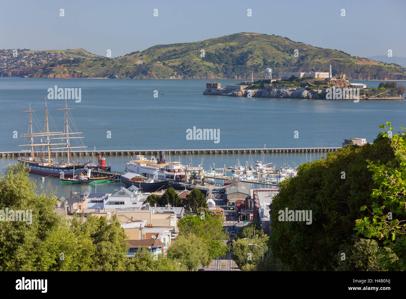 Alcatraz, Hyde Street Pier, San Francisco, California, Stati Uniti d'America Foto Stock