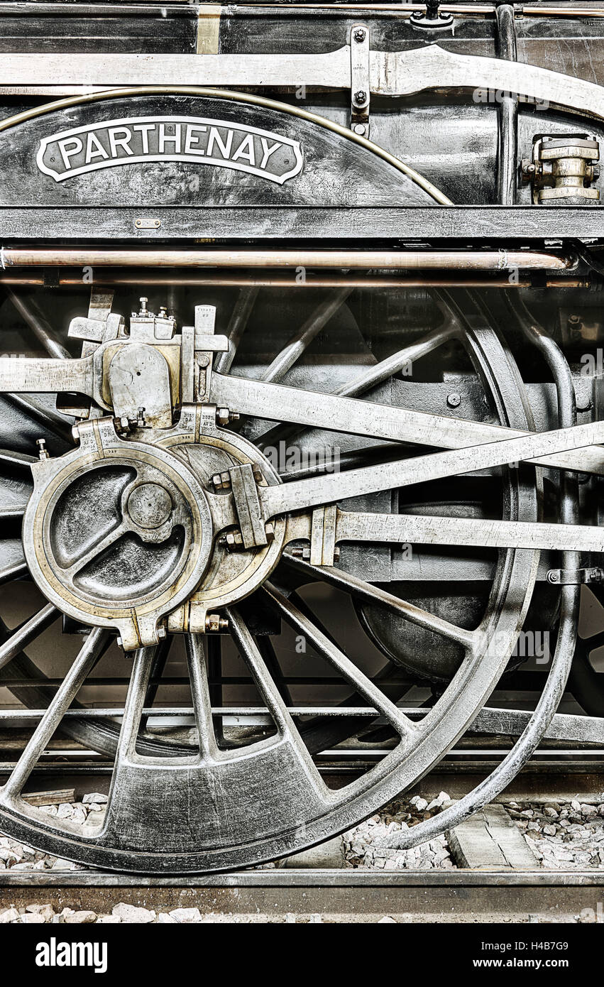 Vecchia locomotiva a vapore, ruota, bastoncini, rampa alienati, filtro digitale, Foto Stock