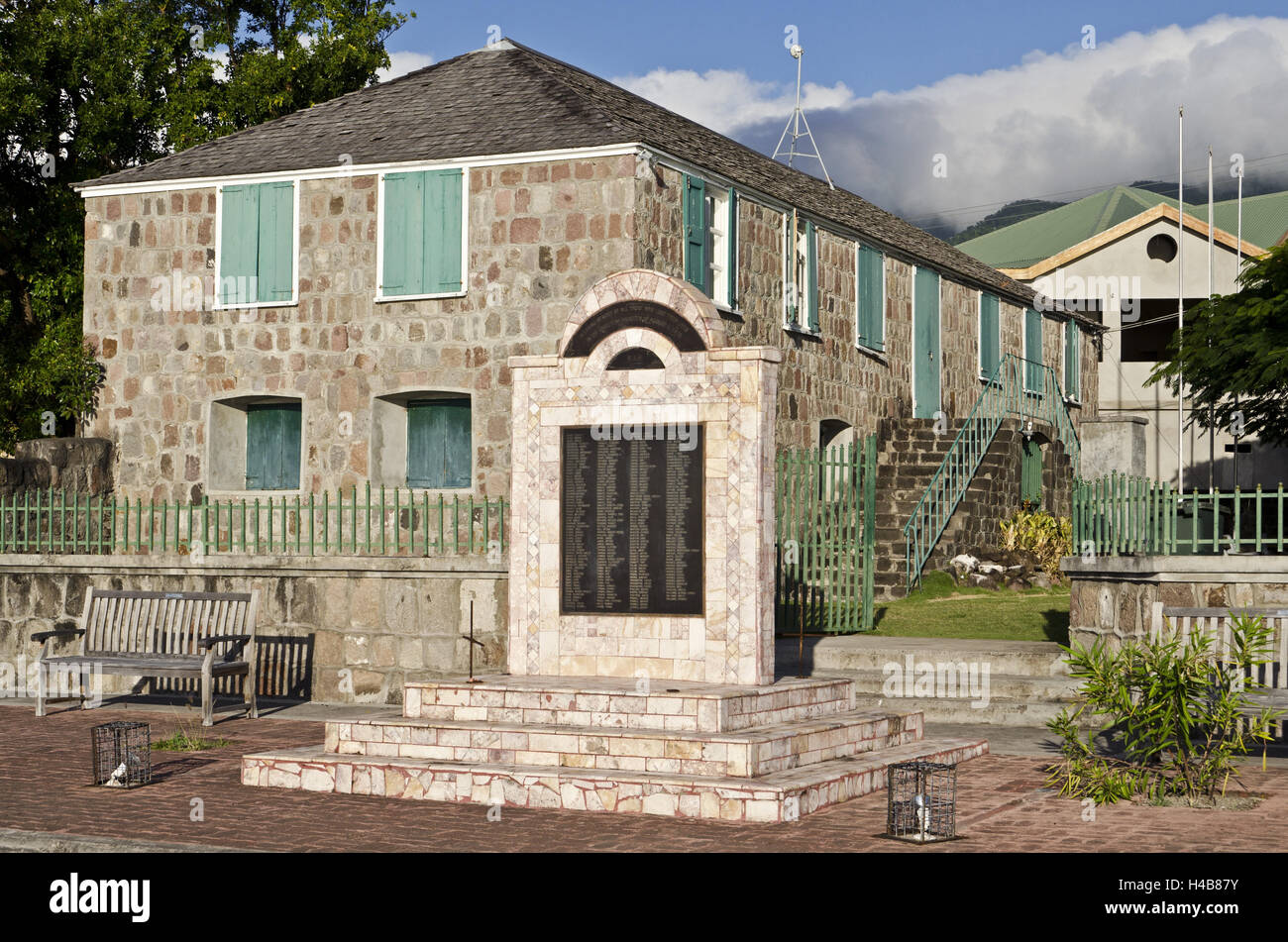 Charlestown, tabella commemorativa, museo di Nevis storia, Foto Stock