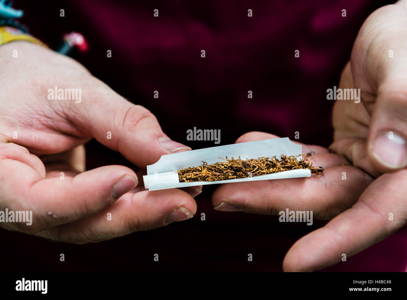 Le mani la laminazione di una sigaretta con il tabacco e il filtro, fumatori Foto Stock