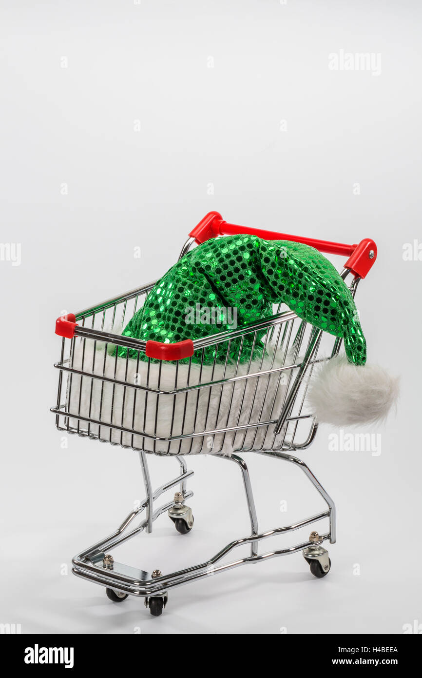 Carrello spesa, Santa hat, immagine simbolica, di acquisto, di consumo, Foto Stock