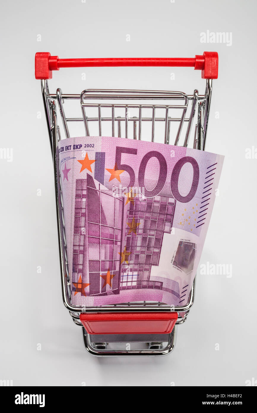 Carrello spesa, la banconota, 500 euro, immagine simbolica, di acquisto, di consumo, Foto Stock