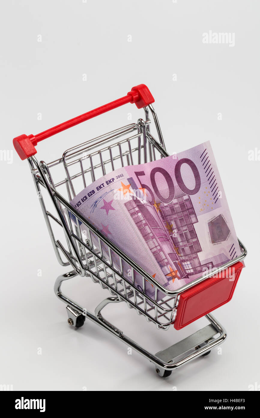 Carrello spesa, la banconota, 500 euro, immagine simbolica, di acquisto, di consumo, Foto Stock