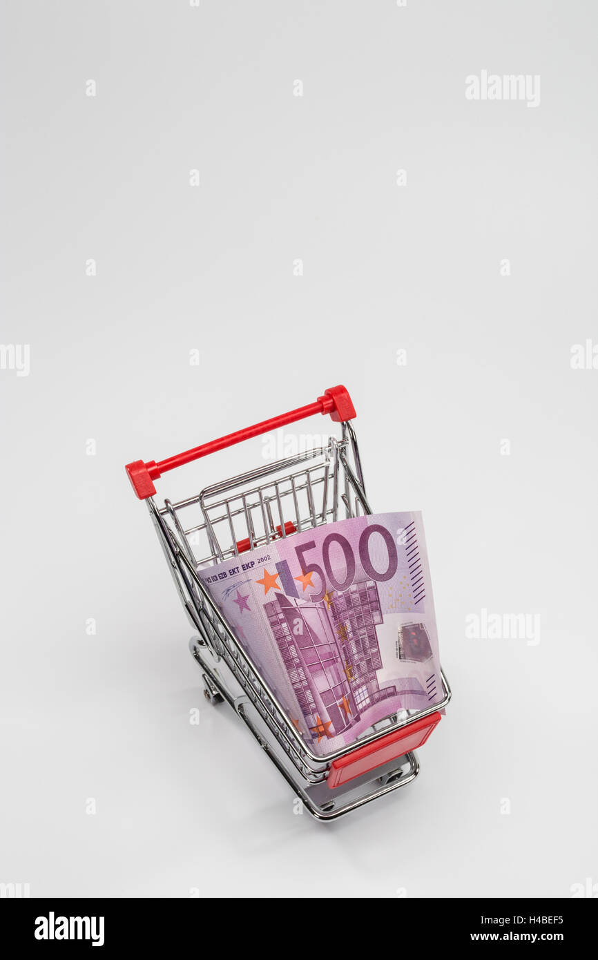 Carrello spesa, la banconota, 500 euro, immagine simbolica, di acquisto, di consumo, Foto Stock