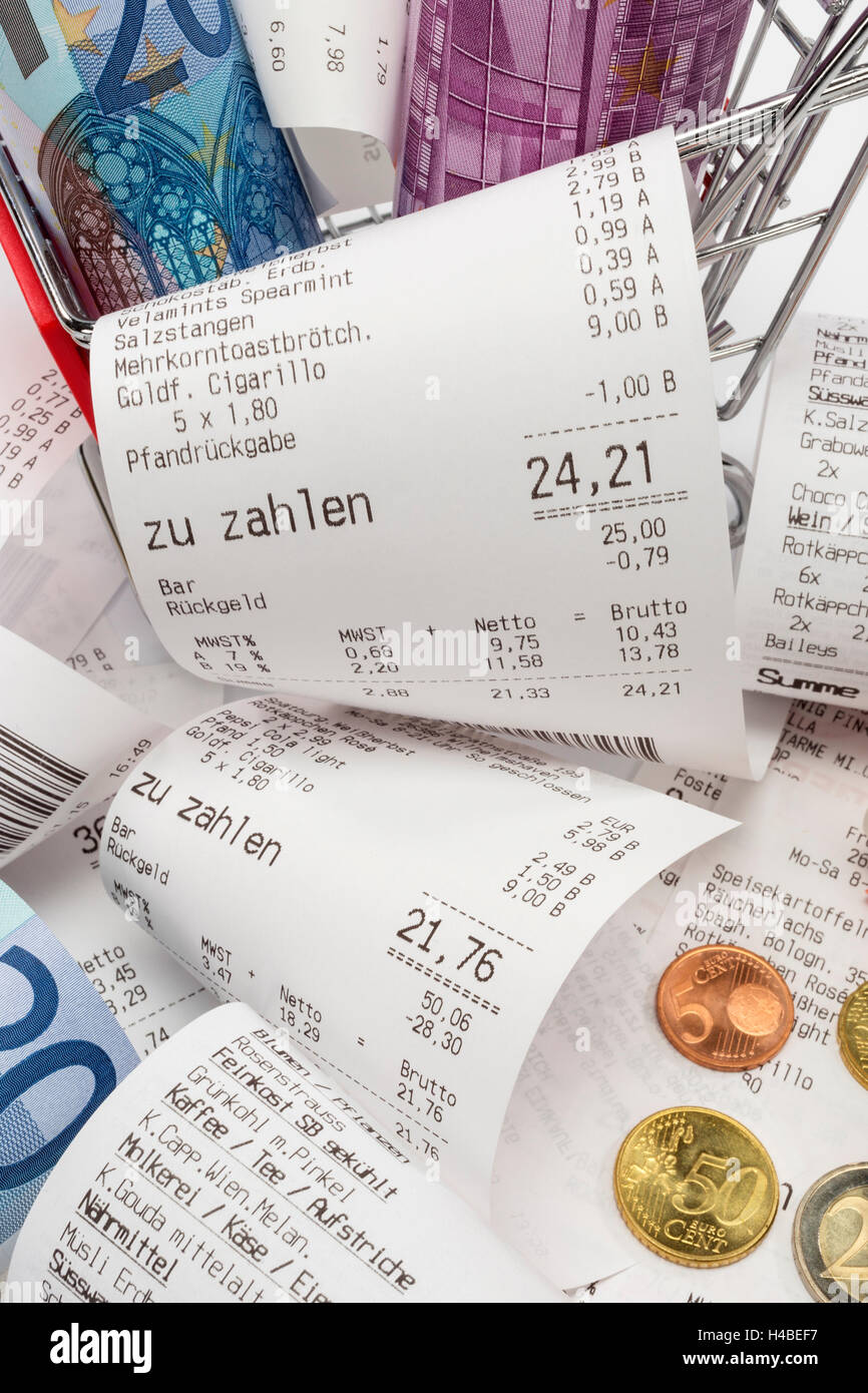 Carrello spesa, ricevute, banconote, laminati, dettaglio diverso, immagine simbolica, di acquisto, di consumo, Foto Stock