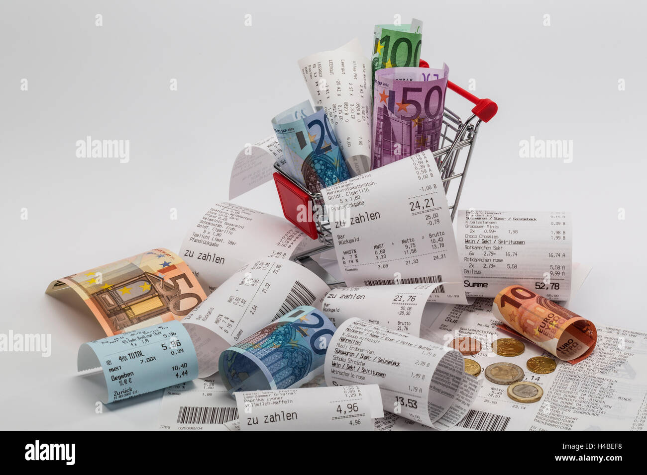 Carrello spesa, ricevute, banconote, laminati, diverso, immagine simbolica, di acquisto, di consumo, Foto Stock