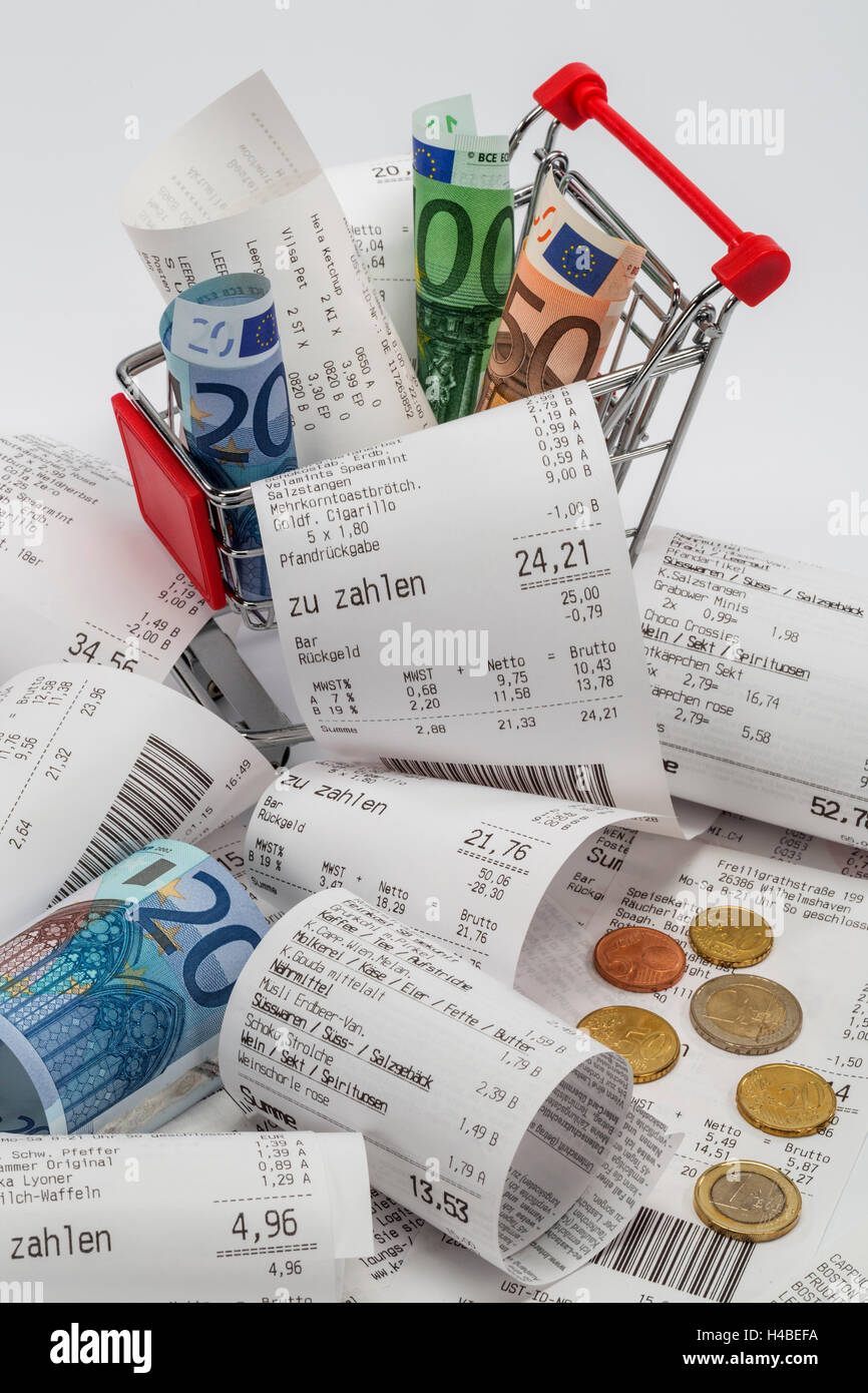 Carrello spesa, ricevute, banconote, laminati, diverso, immagine simbolica, di acquisto, di consumo, Foto Stock
