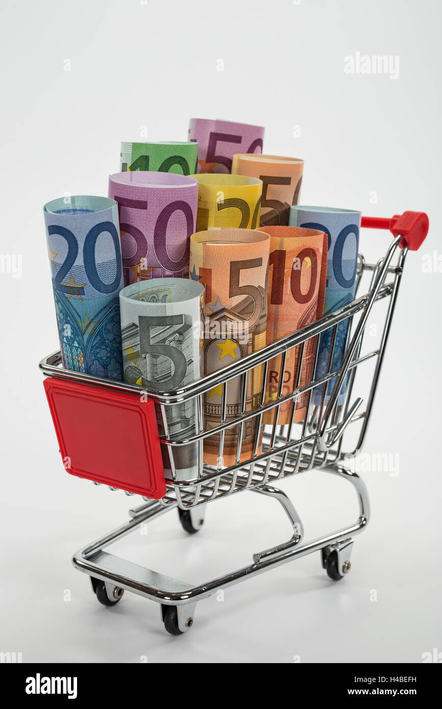 Carrello spesa, banconote, diverso, immagine simbolica, di acquisto, di consumo, Foto Stock