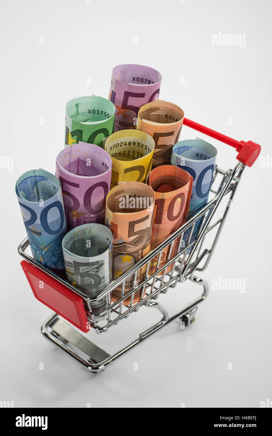 Carrello spesa, banconote, diverso, immagine simbolica, di acquisto, di consumo, Foto Stock