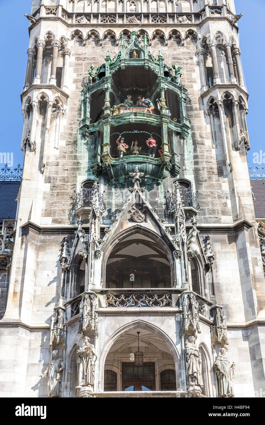 Carillon, municipio, torre del municipio, dettaglio, Marienplatz Monaco di Baviera, Germania Foto Stock