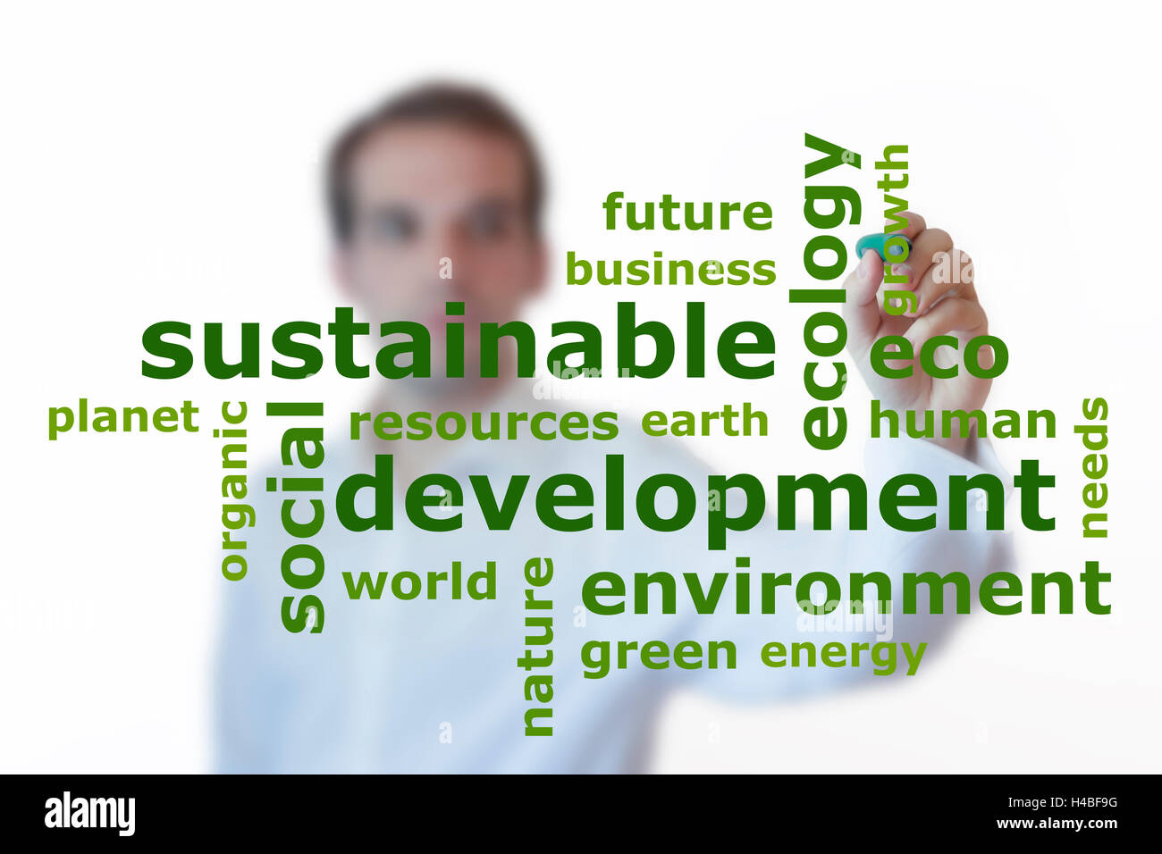 Imprenditore iscritto lo sviluppo sostenibile parola cloud con una penna di colore verde. Isolato su sfondo bianco Foto Stock