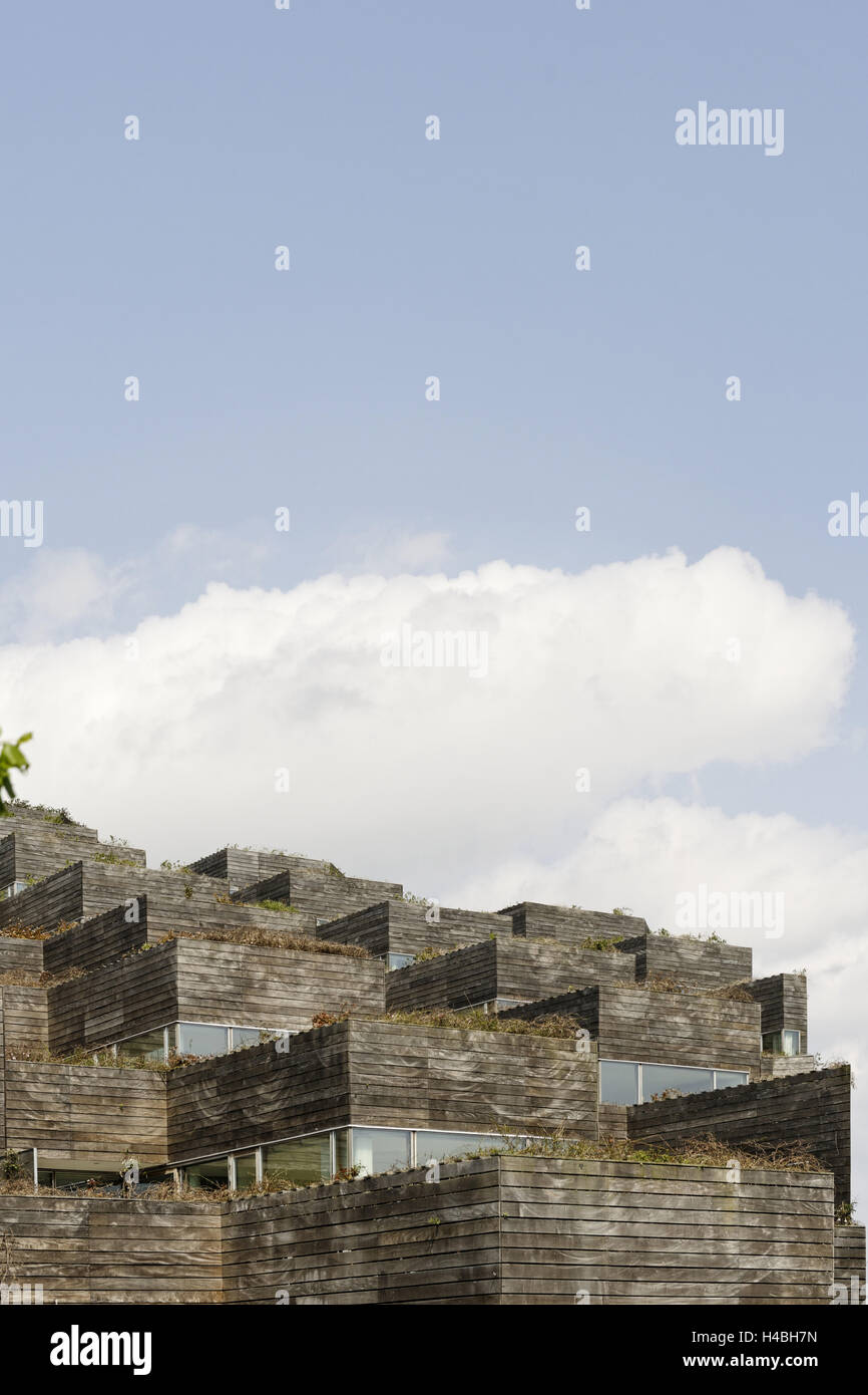 Architettura moderna costruzione in casa, Orestad ad, isola di Amager, a Copenaghen, Danimarca, Scandinavia, Foto Stock