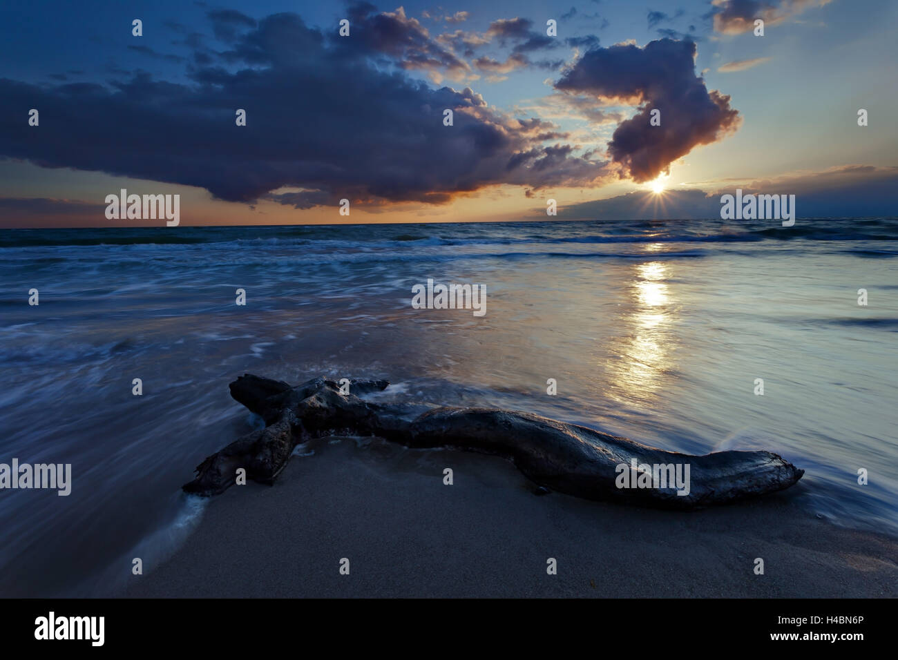 Sundown, solar star, nuvole, il Mar Baltico, west beach, Darss, Germania Foto Stock