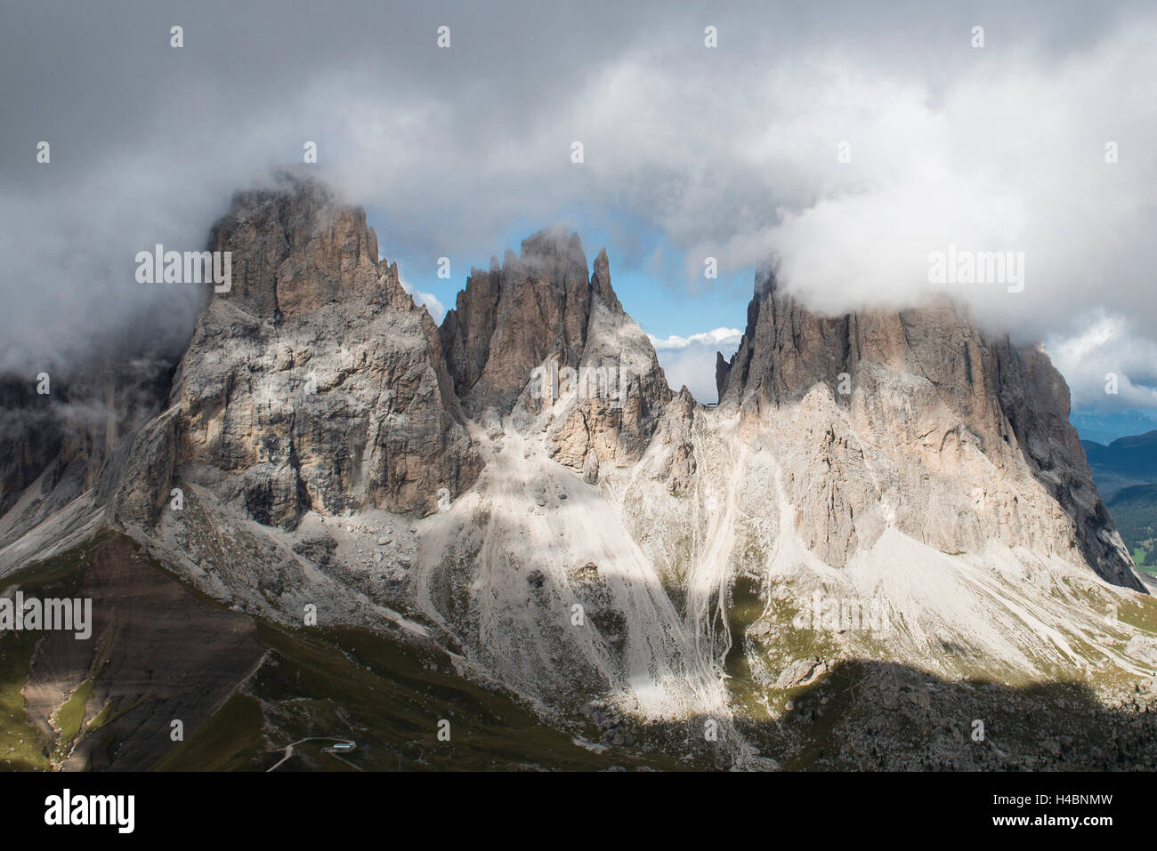 Gruppo del Sasso Lungo, Passo Sella Val di Fassa Dolomiti, Val di Fassa, Trentino, paesaggi, foto aeree Foto Stock