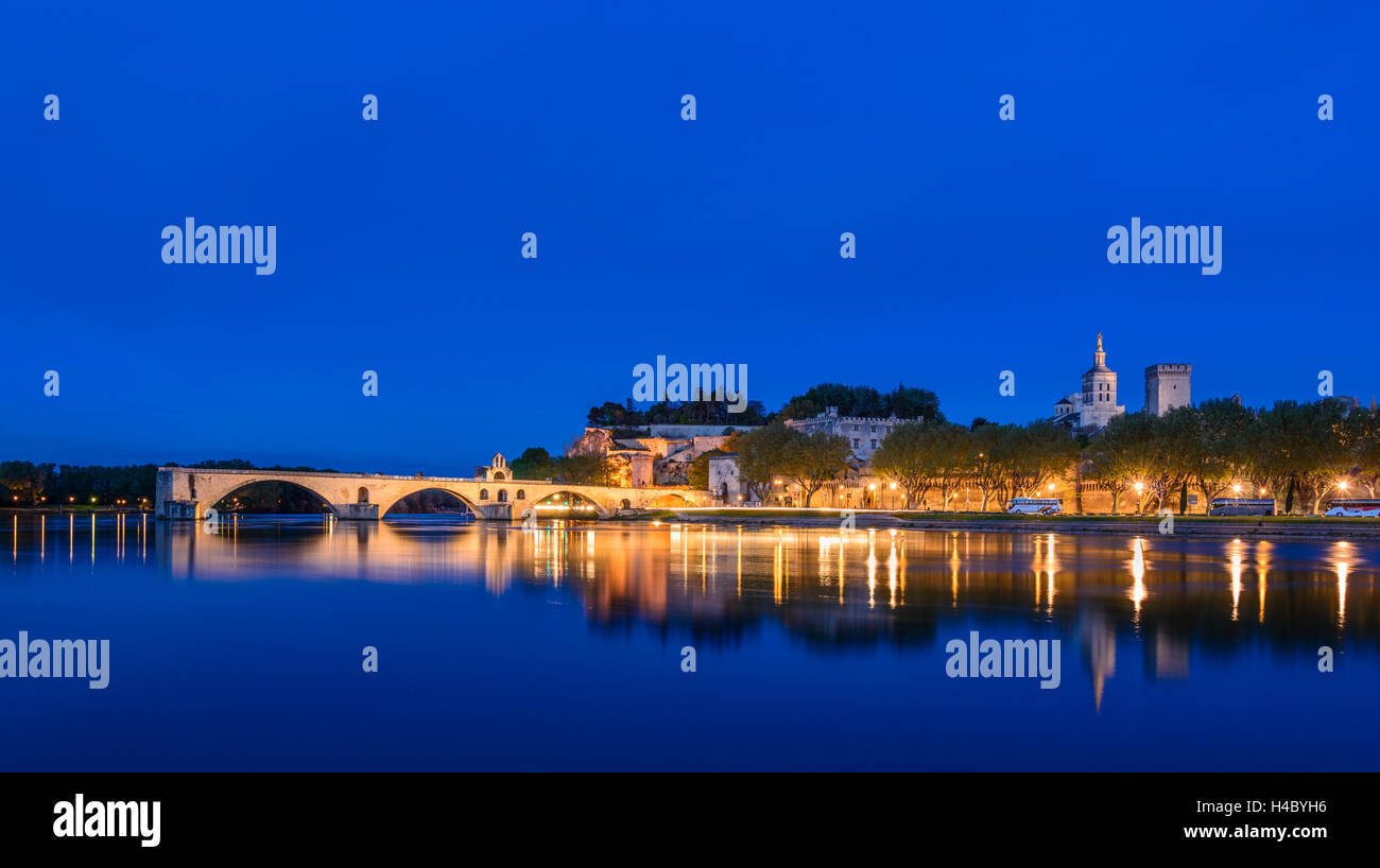 Francia, Provenza, Vaucluse, Avignone, Rhône shore, città vecchia, Pont Saint-Bénézet, Rocher des Doms, Palazzo Papale, vista dal Pont Edouard Daladier Foto Stock