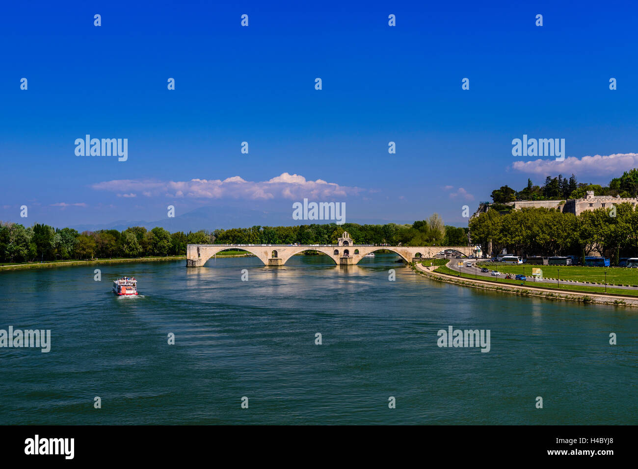 Francia, Provenza, Vaucluse, Avignone, Rhône shore, Pont Saint-Bénézet, Rocher des Doms contro il Mont Ventoux Foto Stock