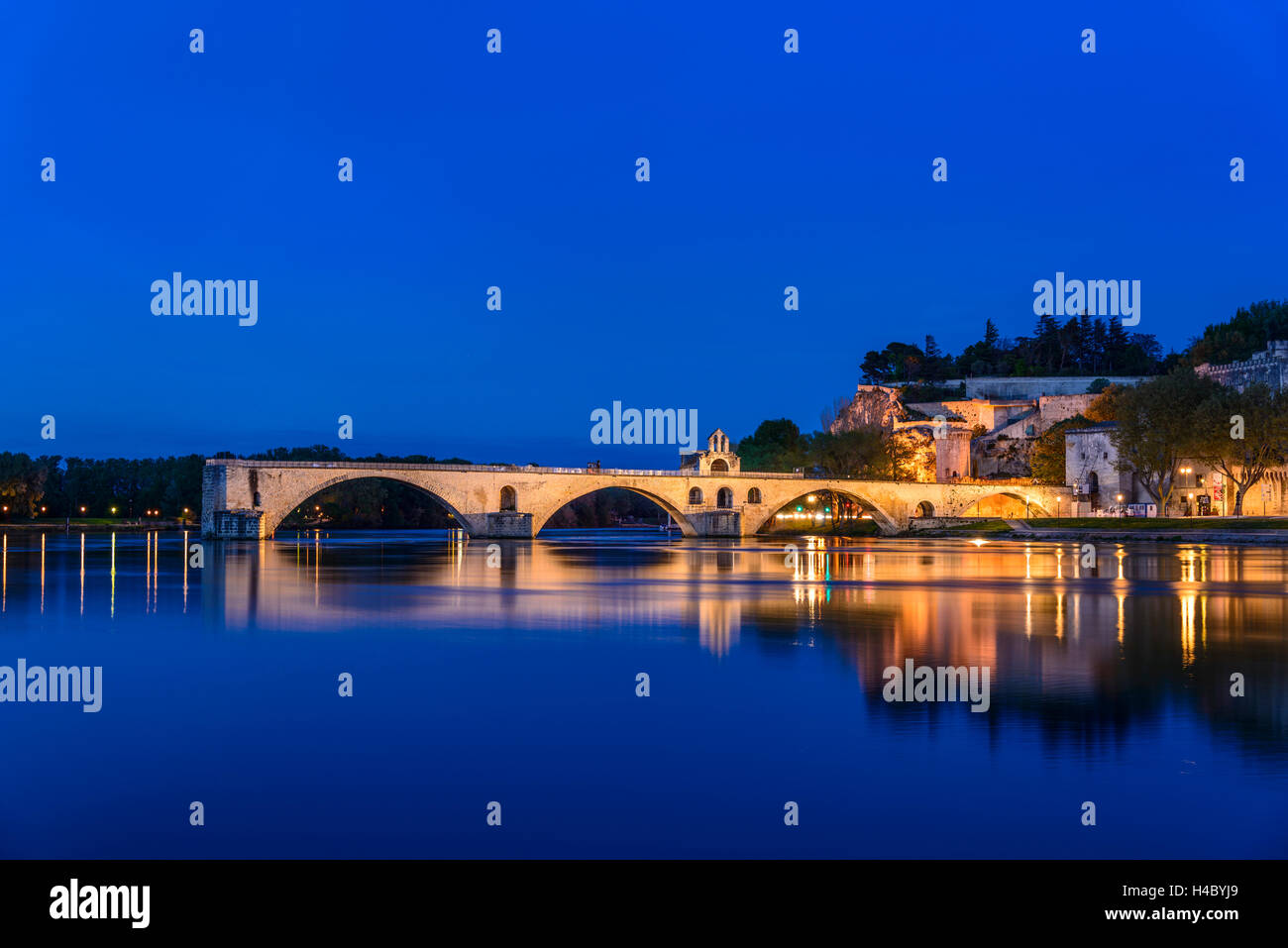 Francia, Provenza, Vaucluse, Avignone, Rhône shore, Pont Saint-Bénézet, Rocher des Doms, vista dall'Ile de la Barthelasse Foto Stock
