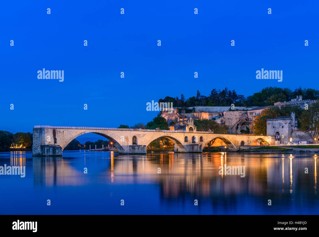 Francia, Provenza, Vaucluse, Avignone, Rhône shore, Pont Saint-Bénézet, Rocher des Doms, vista dall'Ile de la Barthelasse Foto Stock