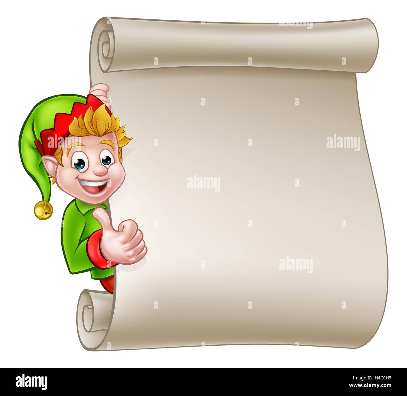 Un cartoon carino Natale elf peeking intorno al segno di scorrimento e dando un pollice in alto Foto Stock