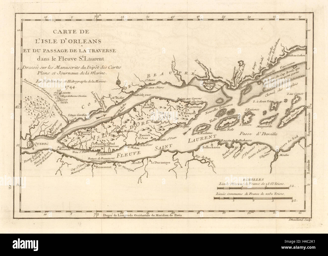 "Carte de l'Isle d'Orleans… dans le fleuve Laurent' BELLIN. Quebec 1744 mappa Foto Stock