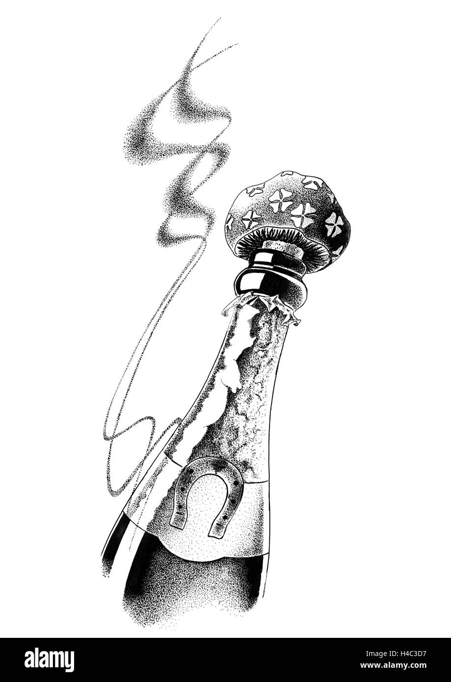 Bottiglia di Champagne con quadrifogli del sughero e del ferro di cavallo Foto Stock