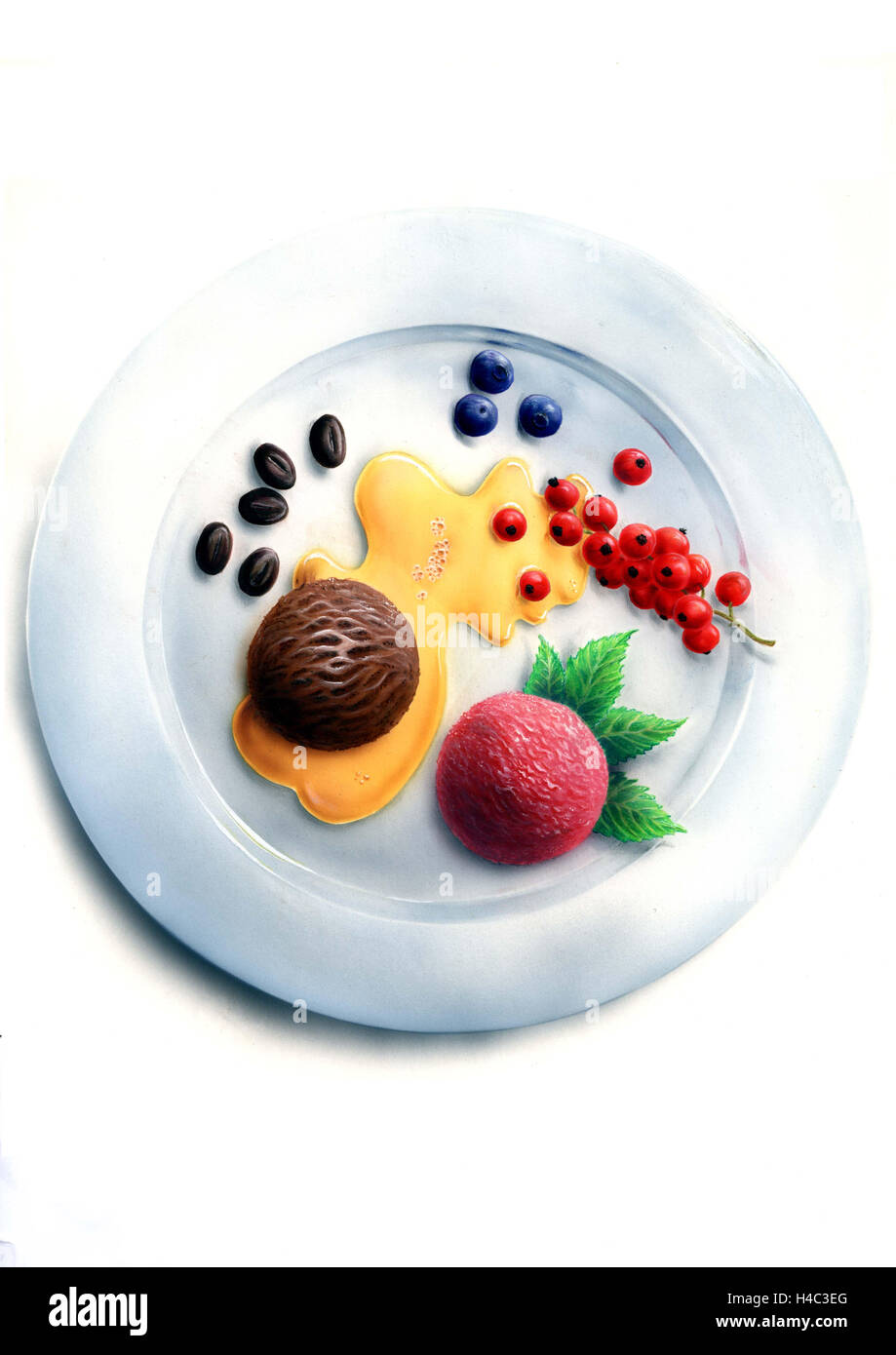 Piatto da dessert con gelato al lampone e gelato al cioccolato Foto Stock