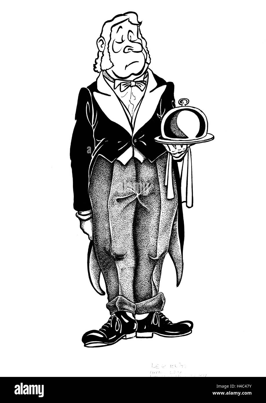 Il capo cameriere in tailcoat con il filtro bow tie, cloche e panno servente Foto Stock