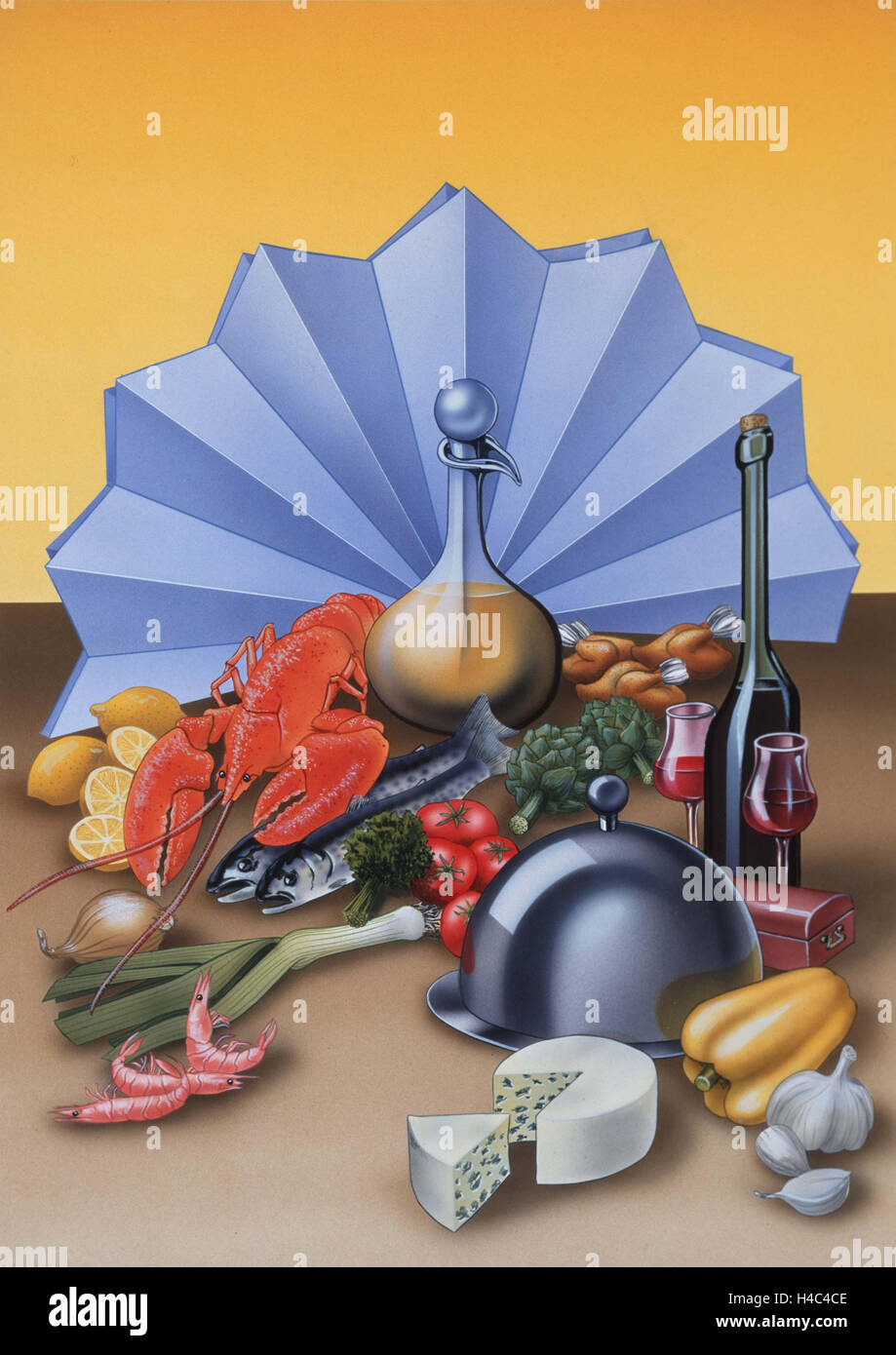 Tovagliolo ornati con bottiglia di olio come un pavone Foto Stock