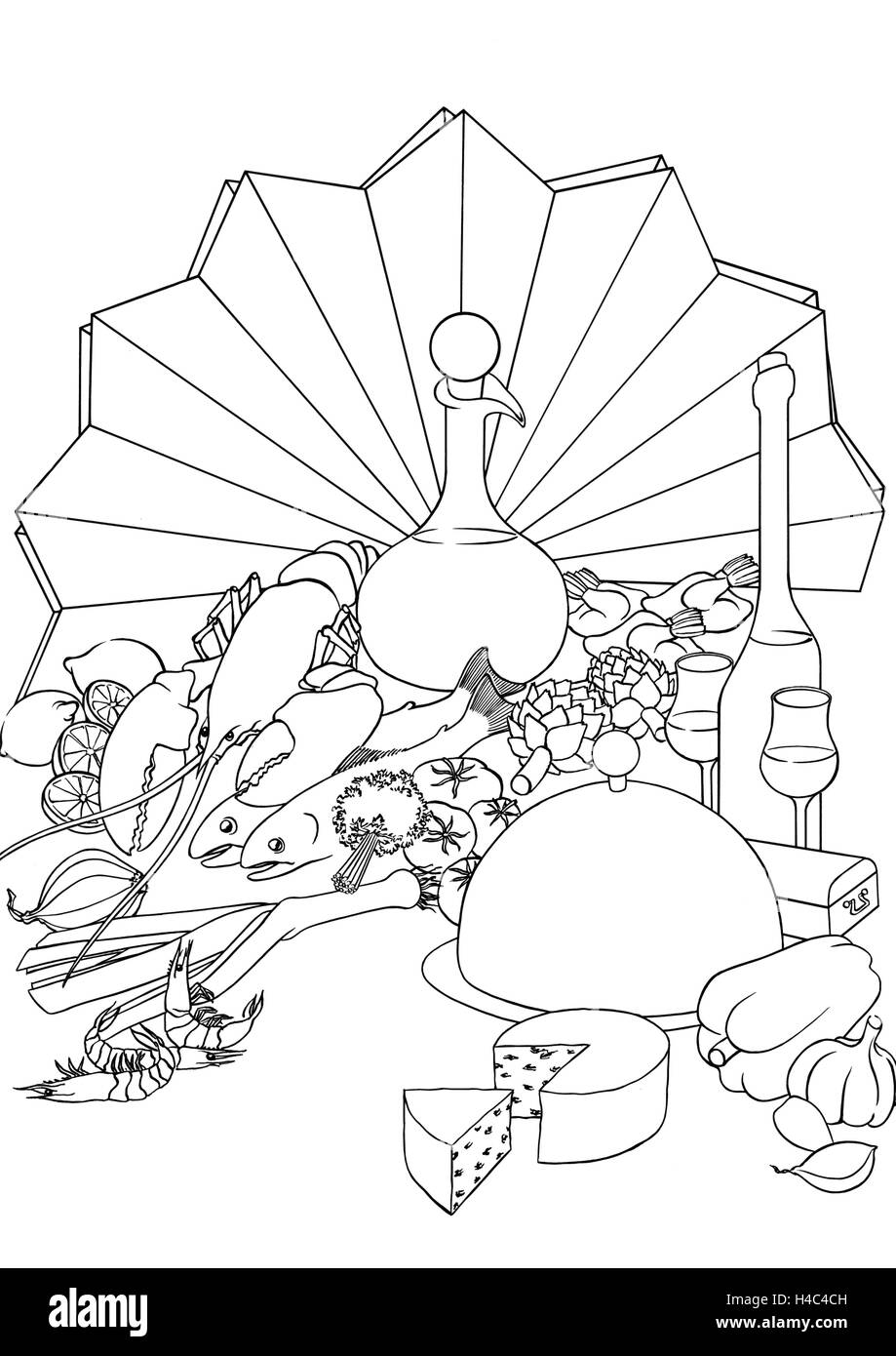 Tovagliolo ornati con bottiglia di olio come un pavone Foto Stock