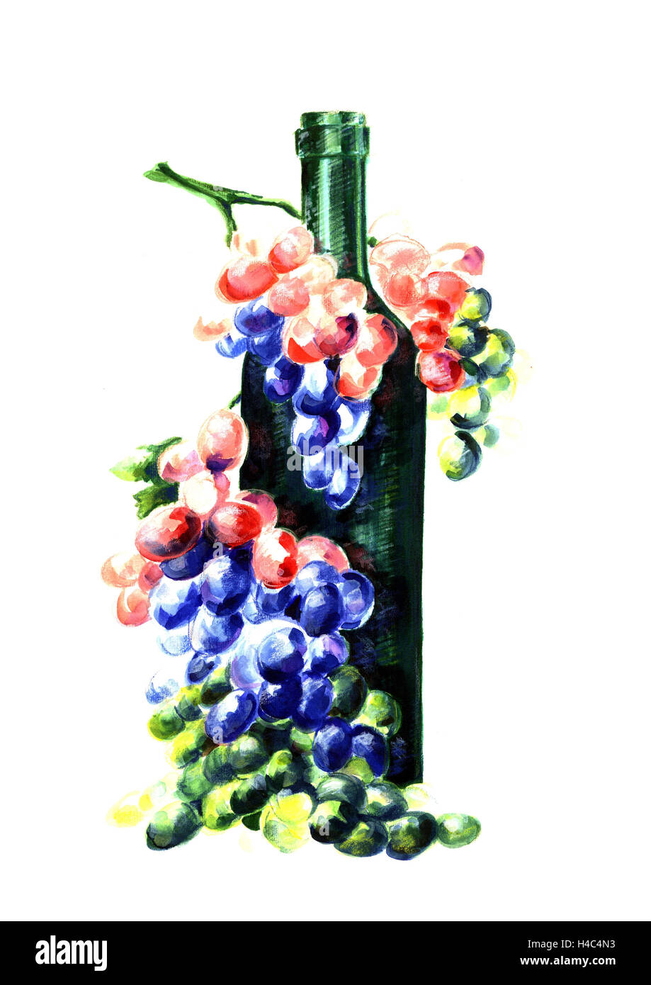 Bottiglia di vino con profumo di uva Foto Stock