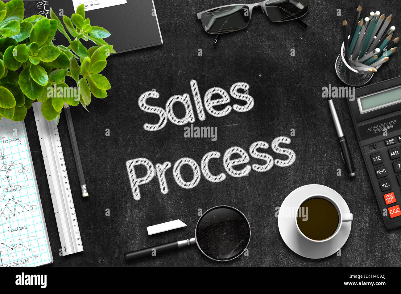 Processo di vendita sulla lavagna. Il rendering 3D. Foto Stock