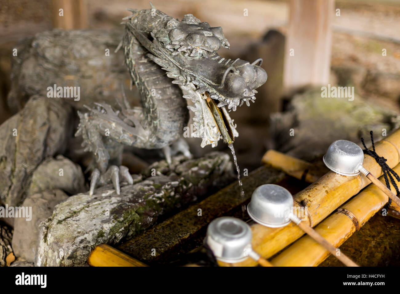 Dragon fontana di acqua in un tempio di Kyoto Foto Stock
