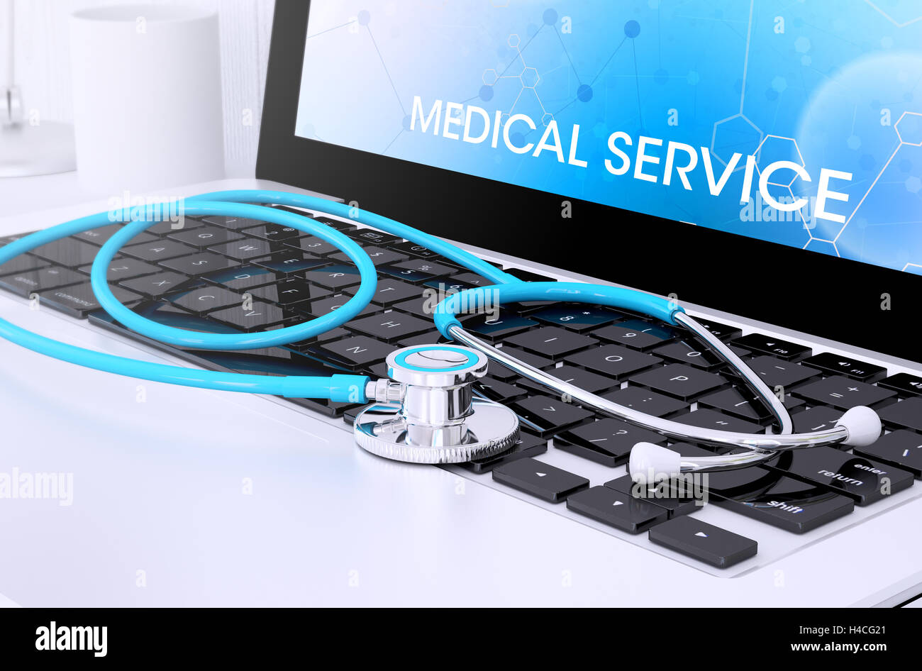 3D rendering di stetoscopio su una tastiera portatile con schermo che mostra il servizio medico Foto Stock