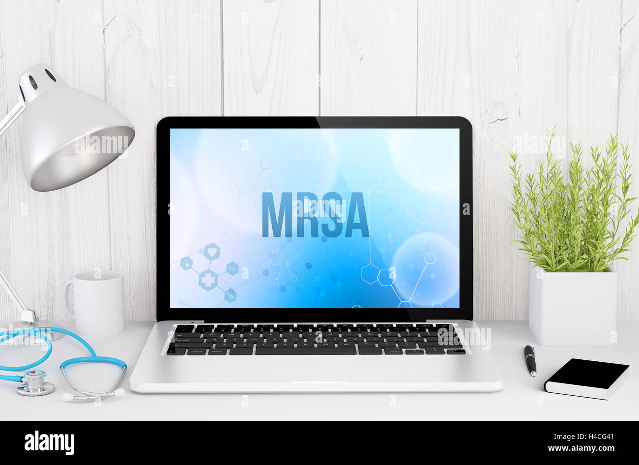 3D rendering di medico di desktop con mrsa sullo schermo Foto Stock