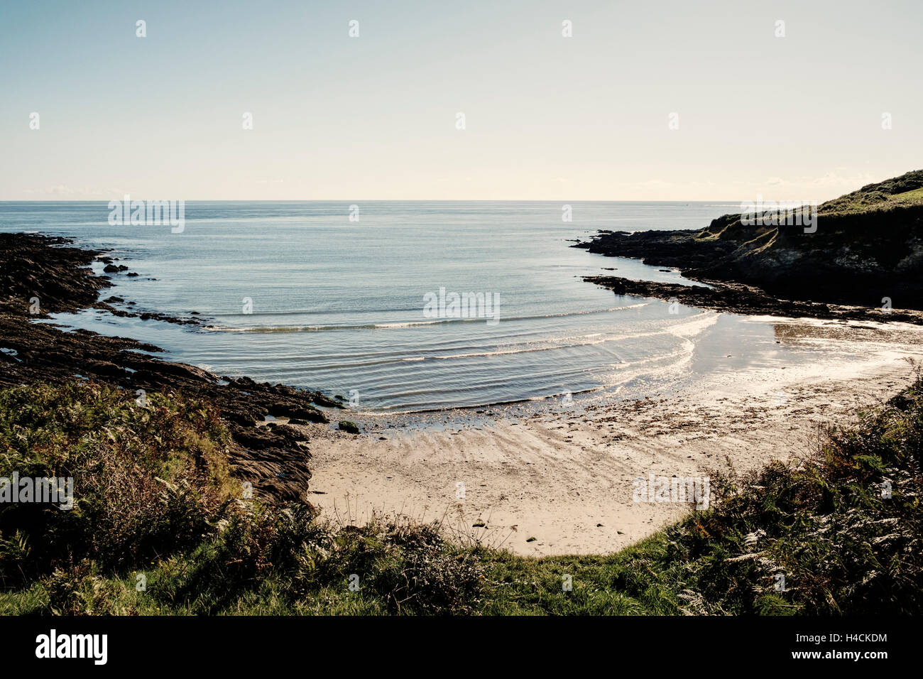 Spiaggia della Cornovaglia - Spiaggia sabbiosa e insenatura e oceano calmo, Cornovaglia, Inghilterra, Regno Unito Foto Stock