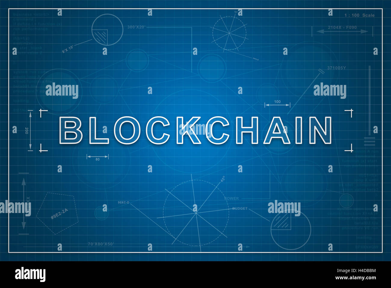 Blockchain su carta cianografica sfondo, la concezione di business Foto Stock