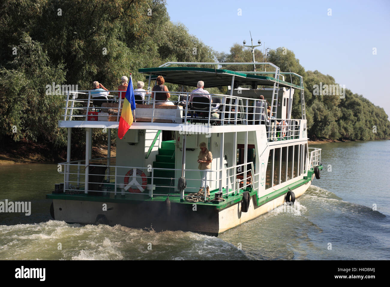 Riserva della Biosfera del Delta del Danubio, con Tulcea, Romania, barca per gite Foto Stock
