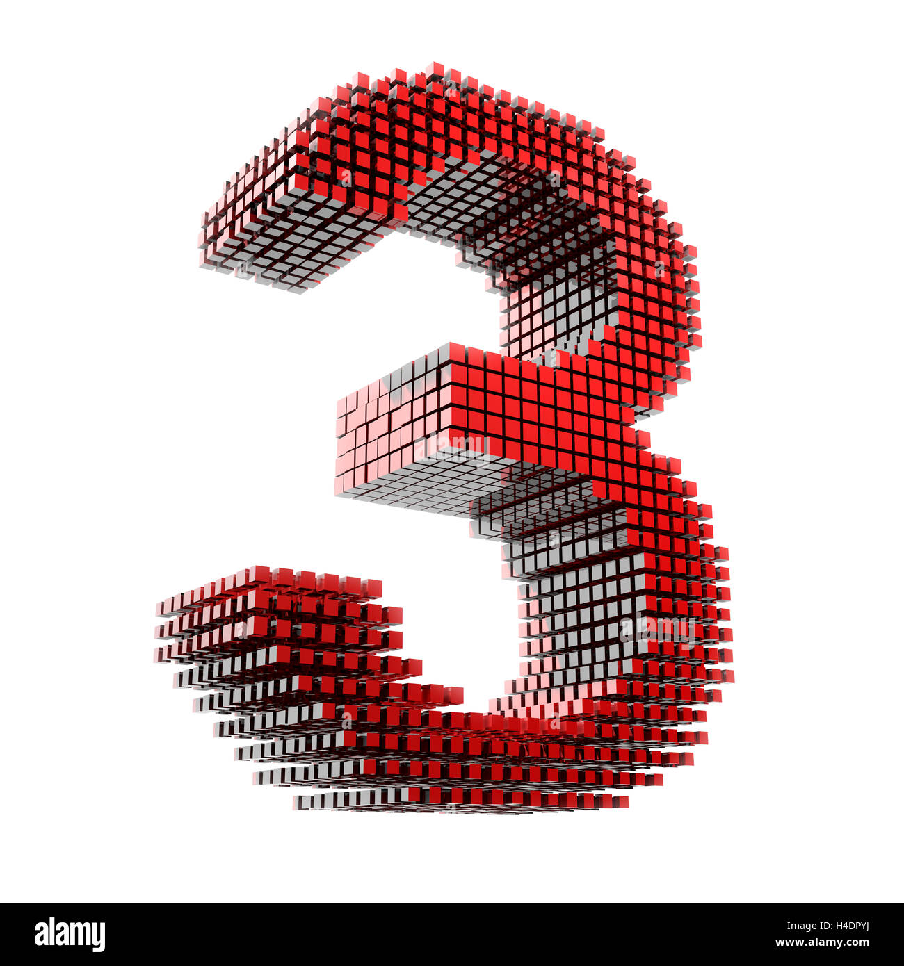 3D-Tre cifre in rosso i frammenti di materiale in formato digitale nella parte anteriore del Hntergrund bianco Foto Stock