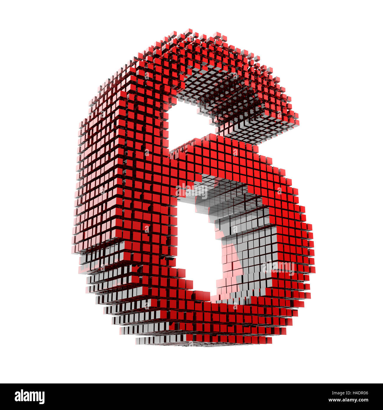 3D-sei cifre in rosso i frammenti di materiale in formato digitale nella parte anteriore del Hntergrund bianco Foto Stock
