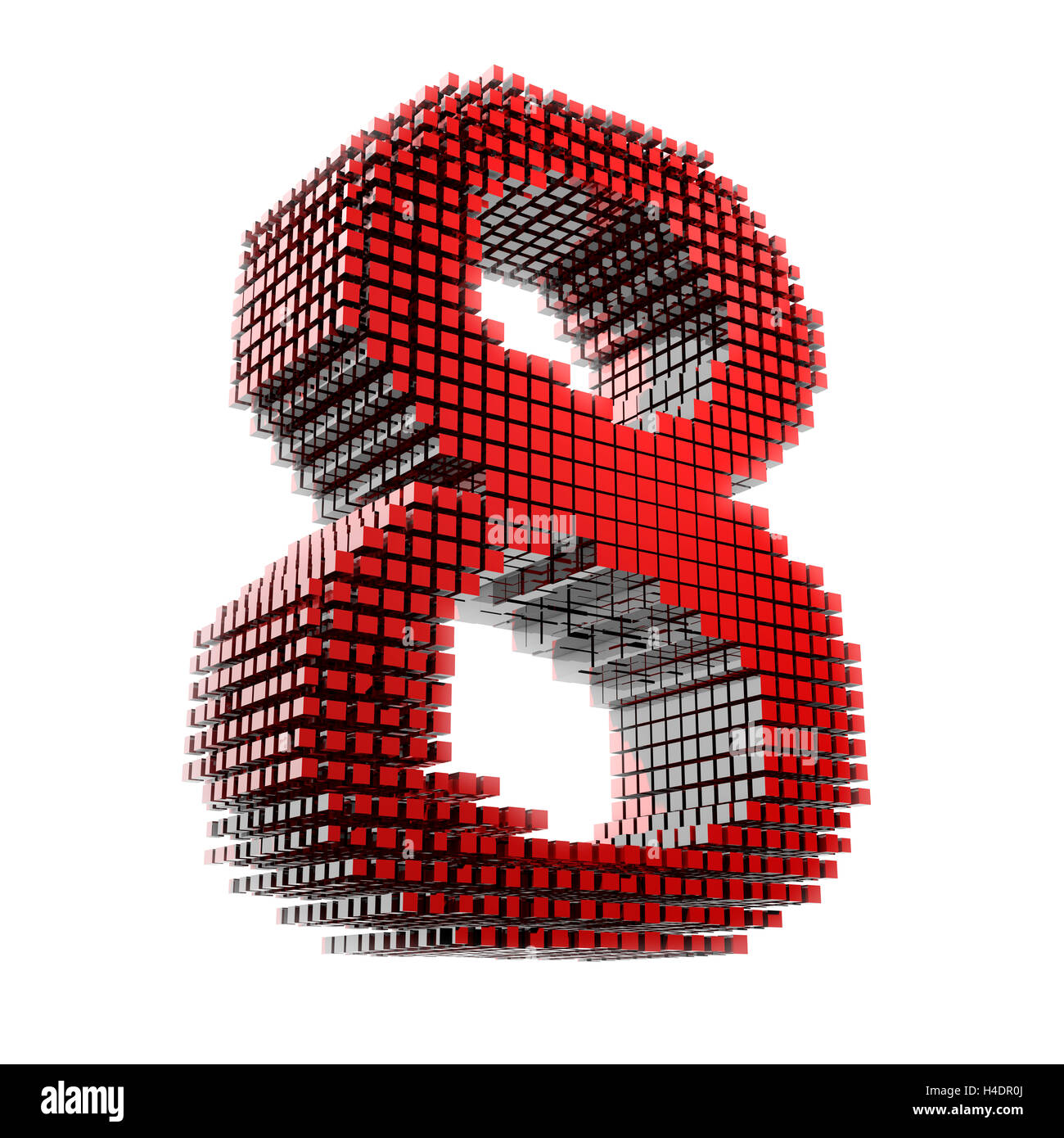 3D-otto cifre in rosso i frammenti di materiale in formato digitale nella parte anteriore del Hntergrund bianco Foto Stock